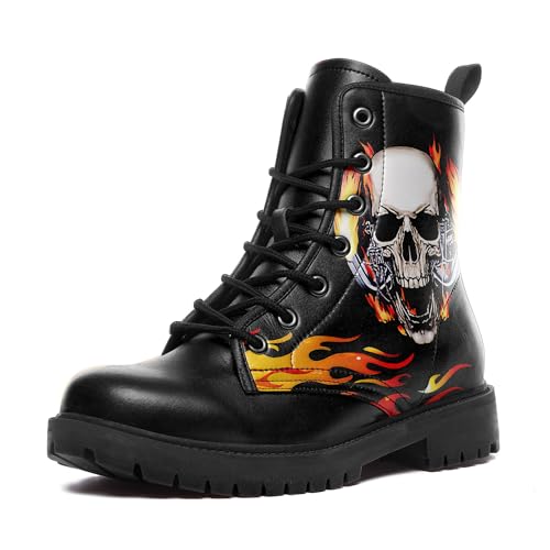 Image of Custom Black Combat Boots for Women Fashion Lace-Up Skull Rose Ankle Booties Chunky Heel Platform Leather Boots