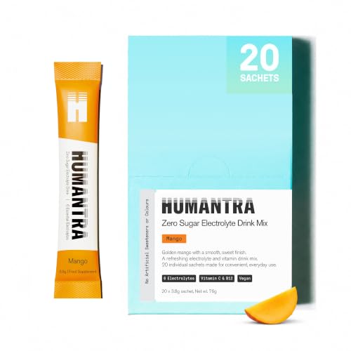 Humantra Electrolytes Powder - Mango flavor, 20ct - Powdered Hydration Sachets - Plant-Based Electrolyte Powder with 6 Electrolytes - Vegan, Sugar Free, Gluten Free