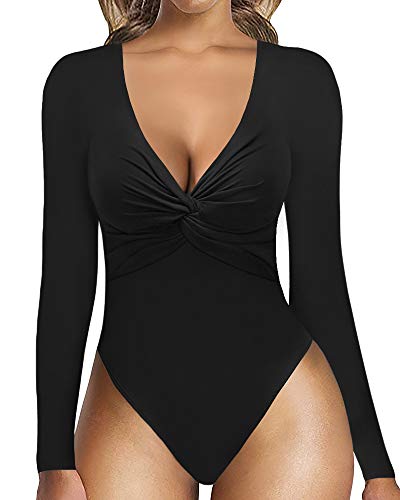 MANGOPOP Women's Plunge Deep V Neck Twist Knot Front Slim Fit Long Sleeve Shirt Tops Bodysuit Jumpsuit (A Long Sleeve Black, Medium)