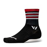 Swiftwick - ASPIRE FOUR, Quarter Crew Socks for Cycling and Trail Running, Stripe Black/Red/Gray, Medium
