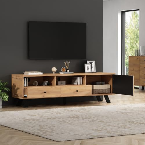 Merax TV Schrank, Lowboard für 60 Zoll Fernseher, Wohnzimmer Möbel aus Spanplatte mit Holzmaserung und Schwarz, 2 Schubladen, 1 Schrank, Kabelmanagement, für kleine Wohnungen