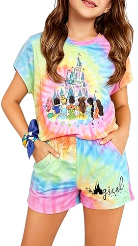 FRELPIXO Magic Kingdom Princess Outfits For Girl Castle Tie Dye Graphic Set Casual Family Vacation 2 Piece Outfits
