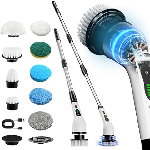 IAGREEA 9 in 1 Electric Spin Scrubber for Cleaning Stubborn Stains, Cordless Brush Cleaner with 9 Replaceable Brush Heads and Adjustable Extension Handle, Power Cleaning Hacks for Bathroom Floor Tile Cover