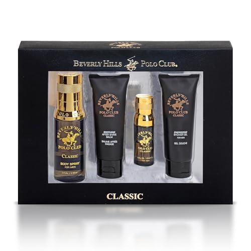 Beverly Hills Polo Club BHPC Classic Men's 4-Piece Fragrance Gift Set - Eau De Toilette, Body Spray, After Shave & Shower Gel - Luxurious Grooming Collection for Him