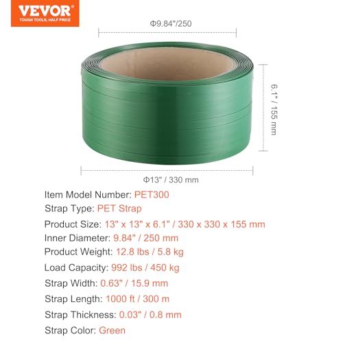 Image of VEVOR Packaging Polyester PET Strapping Roll, 1000' Length x 0.63 inch Width x 0.03 inch Thickness, 992 lbs Break Strength, Heavy Duty Banding Pallet Strap Coil, Portable Strong Banding Packing Straps, Green