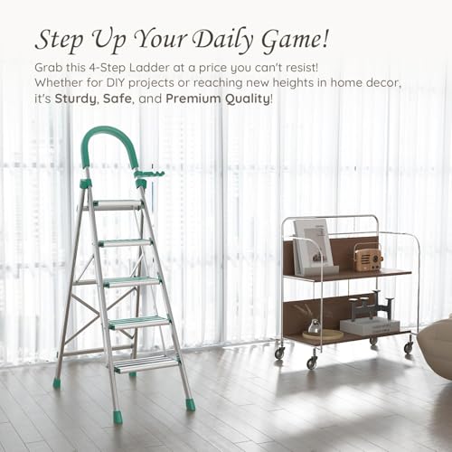 Image of Heavy Duty Steel Folding Ladder Steps with 7 Year Warranty* Foldable Stairs | Anti-Slip Step Ladder | Compact Folding for Home | Sturdy Stairs for Home Use & Storage (Aluminium Step 5)