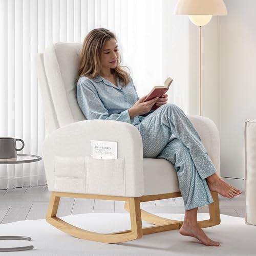 Image of NOSANLA Nursery Glider Rocking Chair - Boucle Glider Rocker with High Backrest & 3 Side Pocket - Upholstered Armchair with Solid Wood Legs - Ideal for Living Room, Bedroom, or Baby's Room (Ivory)