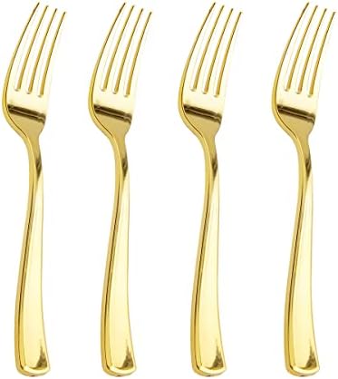 Liacere 200pcs Gold Plastic Forks - Heavyweight Plastic Forks - 7.4 Inch Heavy Duty Plastic Forks - Gold Plastic Silverware Perfect For Parties & Weddings & Restaurants And Daily Using
