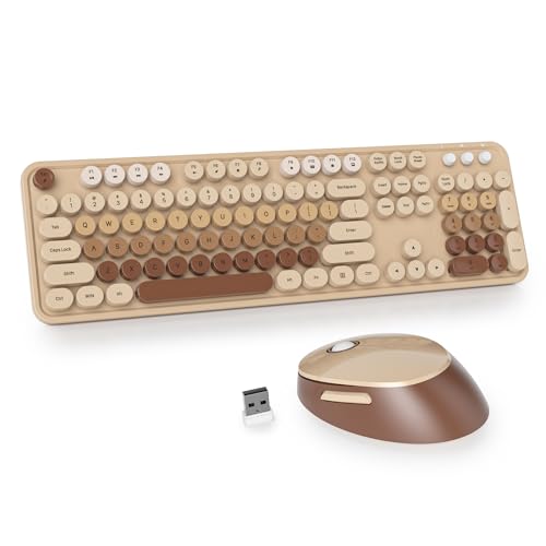 Image of Owpkeenthy Brown Keyboard and Mouse Wireless, Cute Colorful Typewriter Keyboard Full-Sized with Number Pad Round Keycaps for Desktop, Laptop and Computer(Gradient Brown)