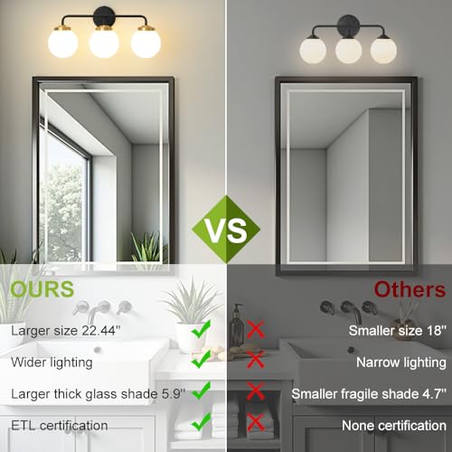 Image of Bathroom Light Fixtures 22.4in 3-Light Black Gold Vanity Lights for Mirror | Bathroom Lighting Fixtures over Mirror, ETL, Brushed Brass Wall Sconce, Dimmable E12 Base Max 60W, Milky Glass Ball Shades