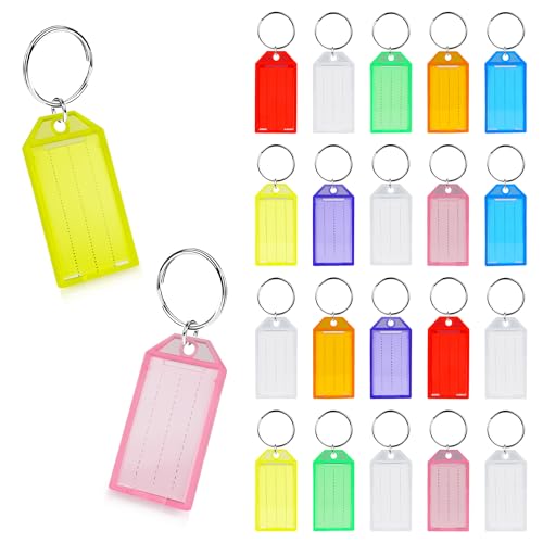 Demearly 20 Pack Plastic Keychain Key Chain Tag Labels with Split Ring & Label Window for Home Backpacks 8 Colors