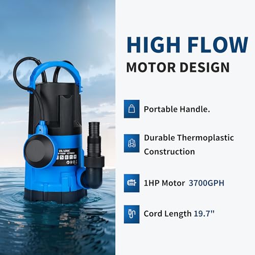 Image of 1HP Submersible Water Pump, 3700 GPH Sump Pump with Automatic Float Switch to Clean Water, Low Suction for Pools, Ponds, Gardens, Basements and Irrigation