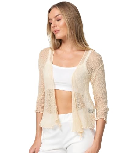 Rayshyne leichte Bolero Damen gehäkelter Kurze Sommer offener Cardigan Festlich Elegant Dehnbare Strickjacke mit 3/4 Arm (Creme)