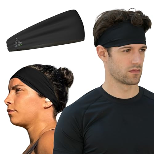 Temple Tape Headbands for Men and Women - Mens Sweatband & Sports Headband Moisture Wicking Workout Sweatbands for Running, Crossfit, Yoga and bike helmet friendly - Black
