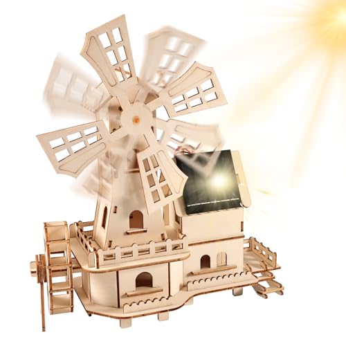 Silkwish 3D Holzpuzzle Haus mit Solar Windmühlen - DIY Holzbausatz Bastelset für Erwachsene - Rotierende Windmühle mit Solarenergie Modellbausatz | Inkl. Deutsche Anleitung