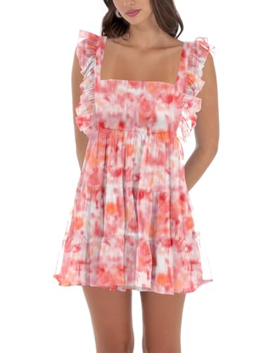 Image of Women's Summer Square Neck Tie Back Ruffle Sleeve Tiered Casual A-Line Short Mini Dress