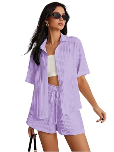 Image of Leriya Fashion Co-ord Set for Women Stylish Solid Poly Lycra Cotton | Textured Pyjama Set For Woman Travel Beach & Holiday Look | Oversized Loose Fit Trendy Top & Shorts for Summer Day Vacation
