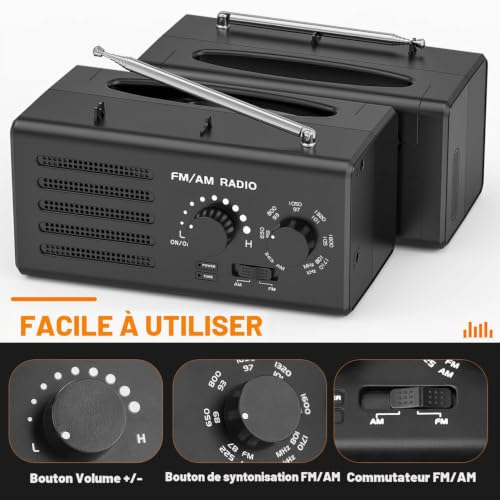 Radio portable AM/FM excellente réception avec haut-parleur et port USB