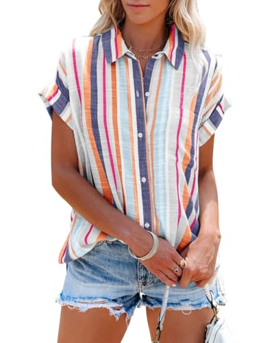 Cicy Bell Chemisier à Manches Courtes pour Femme - Chemises rayées - Col en V - Décontracté - Boutonné - T-Shirt Long décontracté, Orange, XL
