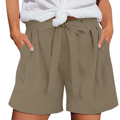 Pantaloncini da donna in cotone e lino, vestibilità ampia, a gamba larga, bermuda da spiaggia, tinta unita, con coulisse in vita elasticizzata, pantaloni caldi estivi con tasche, casual, vacanze