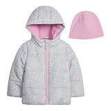LONDON FOG Girls' Heavyweight Quilted Puffer Jacket with Fleece Beanie, Marble Print, 5/6