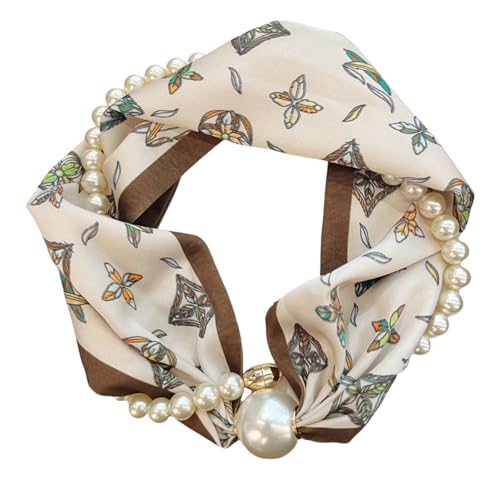 Magnetic Clasp Pearls Chain Necklace Floral Satins Scarf Elegant Silk Skinny Narrow Neckerchief for Fashionable Women Magnetic Clasp Pearl Necklace Scarf3