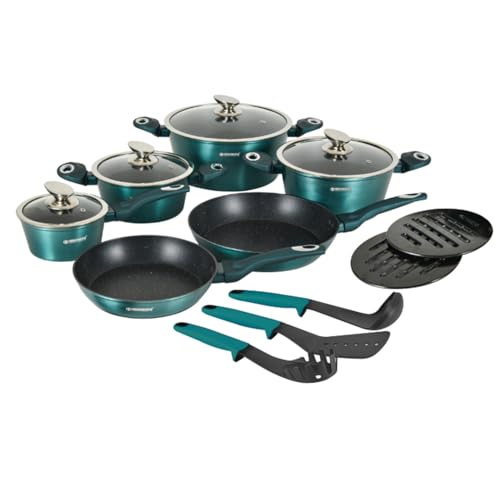 Herzberg - Batterie de Cuisine 15 Pièces, en Aluminium, Revêtement Marbre, Casseroles, Poêles, Couvercles en Verre, Ustensiles, Compatible Induction, Bleu