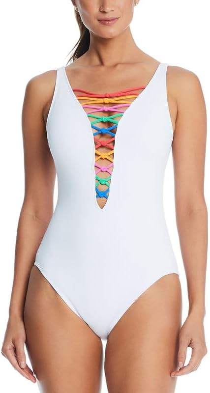 Bleu Rod Beattie Women's Core-Lace-Down Mio One-Piece Swimsuit (White Multi, 8)