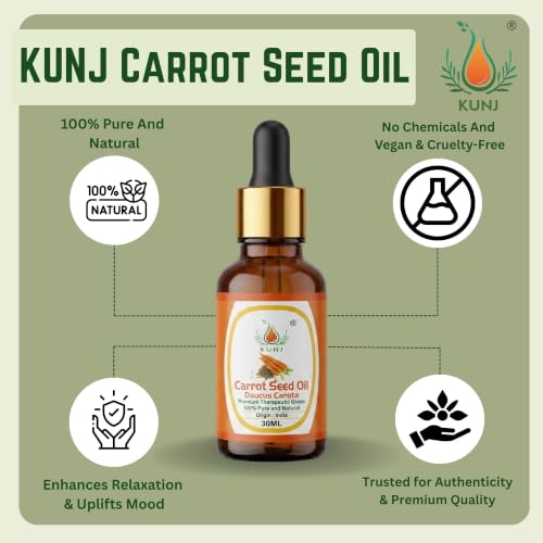 Image of KUNJ Carrot Seed Oil 30ML - Pure Natural Cold Pressed Carrier Oil for Glowing Skin, Face Care, Hair Nourishment, Massage, DIY Cosmetics & Daily Beauty Care
