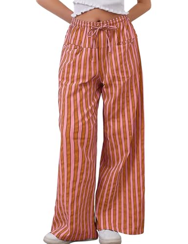 Image of Kissonic Women Striped Pants Casual Drawstring Wide Leg Trousers Loose Lounge Pajama Pants with Pockets