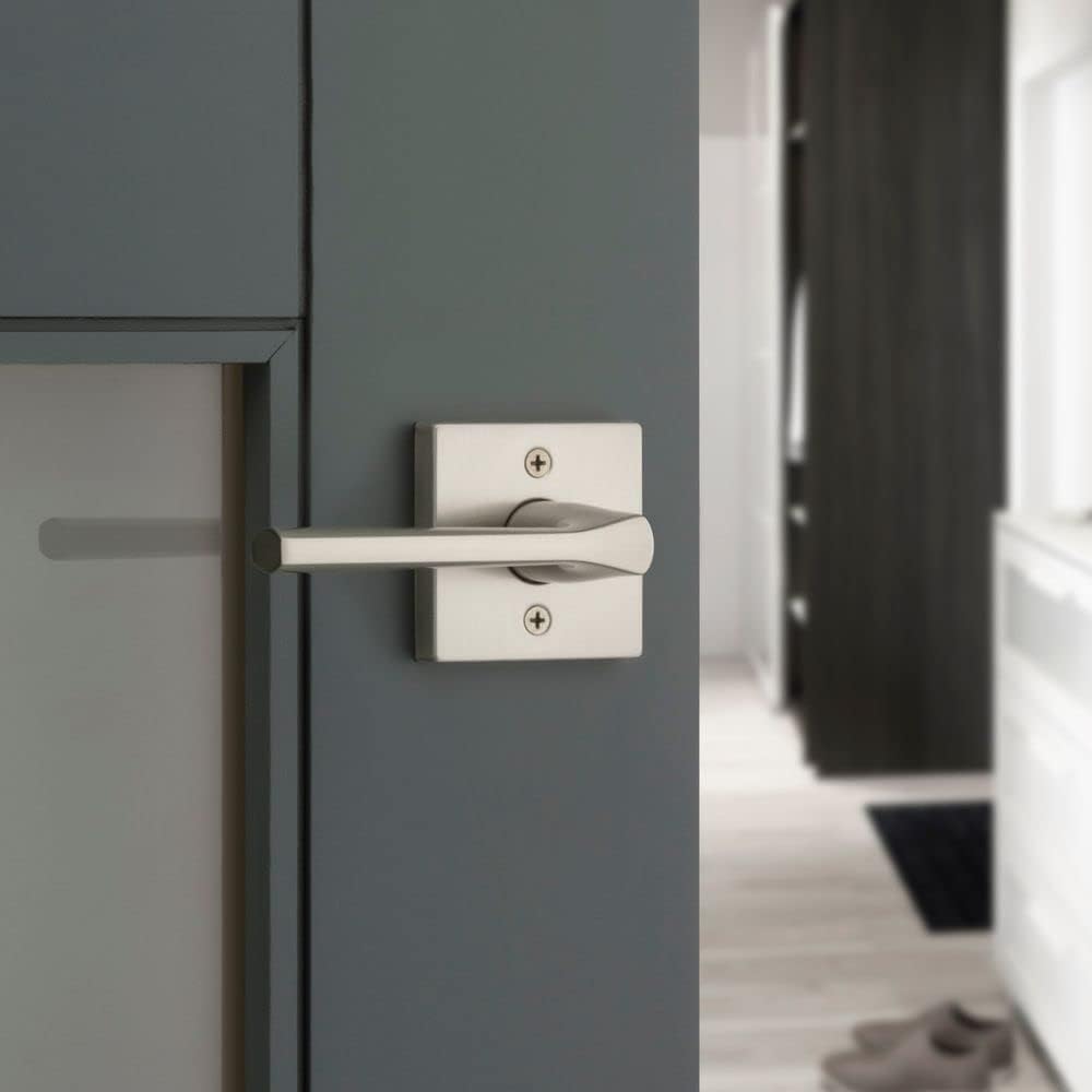 Kwikset Lisbon Interior Privacy Door Handle with Lock, Door Lever For Bathroom and Bedroom, Satin Nickel Reversible Keyless Push Button Lock Door Lever, Featuring Microban