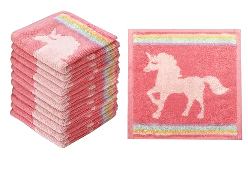 Image of ORIGINAL KIDS Magical Unicorn Washcloths - 12 Pack 100% Cotton Terry Jacquard Wash Cloths - 630 GSM Plush Super Soft Absorbent Gentle Baby Face Towel - Bath Time Travel Daycare - 12 x 12 - Pink Multi