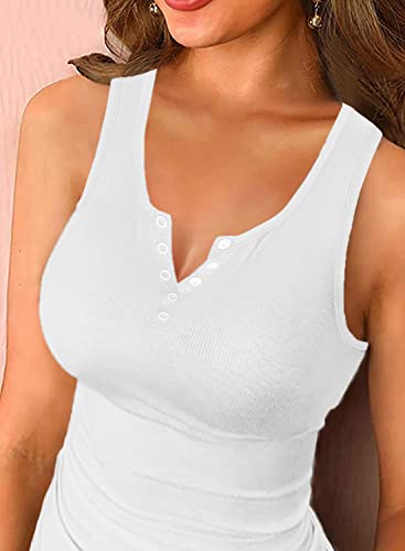 Womens Scoop Neck Henley Tank Tops Low Cut Solid Sexy Summer Sleeveless Button Down Shirts White X-Small #TOP2