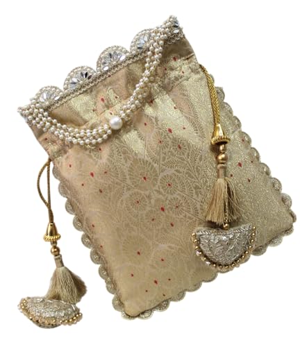 Image of MILAN'S CREATION Pure Banarasi Potli Silk Brocade Bag Purse Drawstring Women's handbag with Pearl Handle & Tassel Weddings