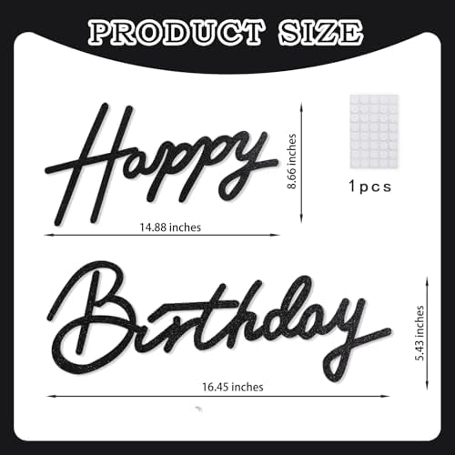 TONIFUL Happy Birthday Sign for Backdrop - Glitter Black Felt Banner - Includes Dot Glue - Perfect for Birthday Party Backdrop,Wall Decr,Balloon Arch,Photo Background - 1