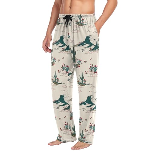 Men’s Desert Cacti Pajama Pants with Pockets, Comfortable Lounge Sleep Bottoms#6974