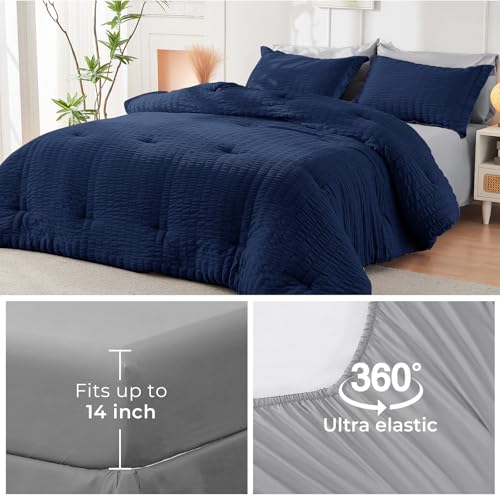 Image of HYMOKEGE Navy Blue /Light Grey Full Size Comforter Sets Seersucker 7 Pieces, All Season Luxury Bed in a Bag for Bedroom, Bedding Set with Comforter, Sheets, Pillowcases & Shams