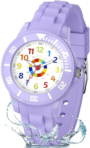 GUUMUXIN Montre pour Enfants Convient Garçons et Filles, Montre Éducative Analogique pour Enfants 5-16 Ans, Facile à Lire, Cadran Multicolore avec des Échelles Claires, Bracelet en Silicone Souple