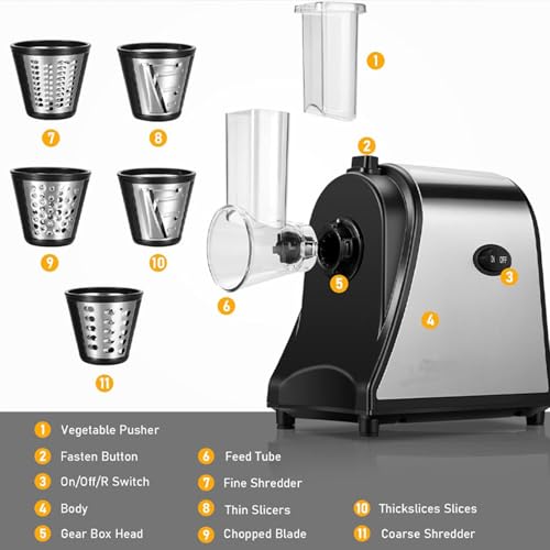 Vegetables Slicer, 1000W Electric Cheese Grater, detachable attachments and easy to clean, One-Touch Control with 5 Sets Stainless Steel of Blades for Veggies, Shredded Carrot, Zucchini - Image 6