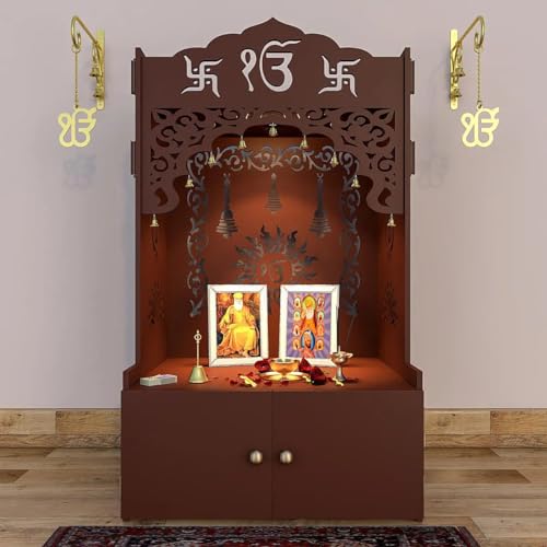 HomScape ek onkar Home Wooden Temple with inbuilt Focus Light Spacious Wooden Shelf Brown