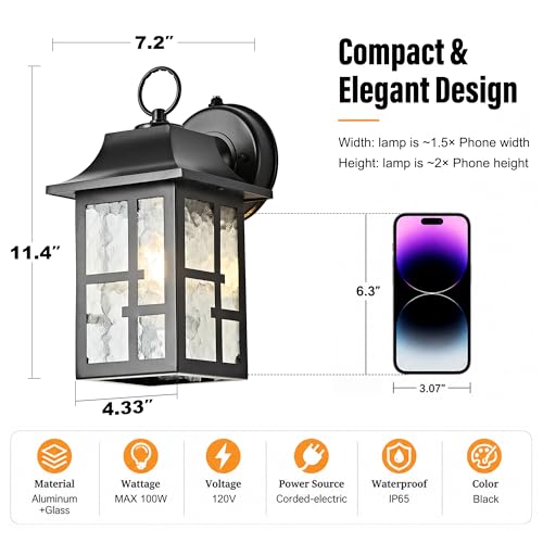 Image of OKELI Dusk to Dawn Outdoor Wall Lights, Exterior Waterproof Lantern, Front Porch Sconce Lighting with Water Ripple Glass Shade, Anti-Rust Wall Lamps Outside Lights for Garage (Black-SIZE-M-2pack)