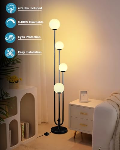 Image of Lightdot Black Globe Floor Lamp 4-Lights Dimmable Floor Lamps with Tray 3000K Bulbs Included Unique Candle Standing Lamp with 5Lbs Heavy Base for Living Room /Bedroom /Sofa Beside /Corner Decor