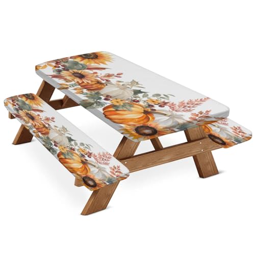 Tablerazzi Pumpkin Sunflower Leaves Fall Picnic Table Cover with Bench Covers, Fitted Camping Tablecloth with Elastic Edges, Outdoor Waterproof Rectangle Table Cloth, 72x30 Inch 3 Pcs Set