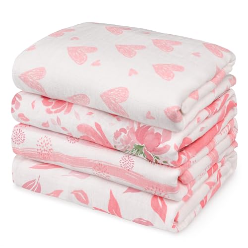 Image of GLLQUEN BABY Muslin Swaddle Blankets 4-Pack Breathable Receiving Blankets (35" x 40") Soft Baby Blankets for Girls and Boys Newborn Essentials Muslin Burp Cloths Swaddle Wrap Baby Gift (Flower)