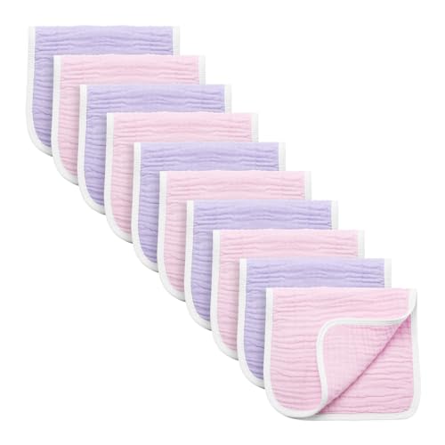 Image of Synrroe Burp Cloths Large, Muslin Burp Cloths for Baby Girls, Pack of 10 Extra Absorbent and Soft Muslin, 6 Layers 20 by 10 Inches 100% Cotton (Pink-Purple 10 Pack)