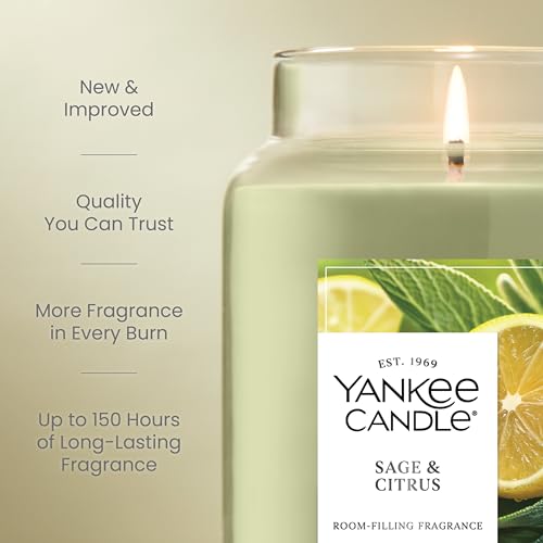 Yankee Candle Large Jar Scented Candle with up to 150 Hour Burn Time, Premium Plant Wax Blend for Consistent Burn, 22 oz Jar Candle with Room Filling Fragrance, Sage & Citrus
