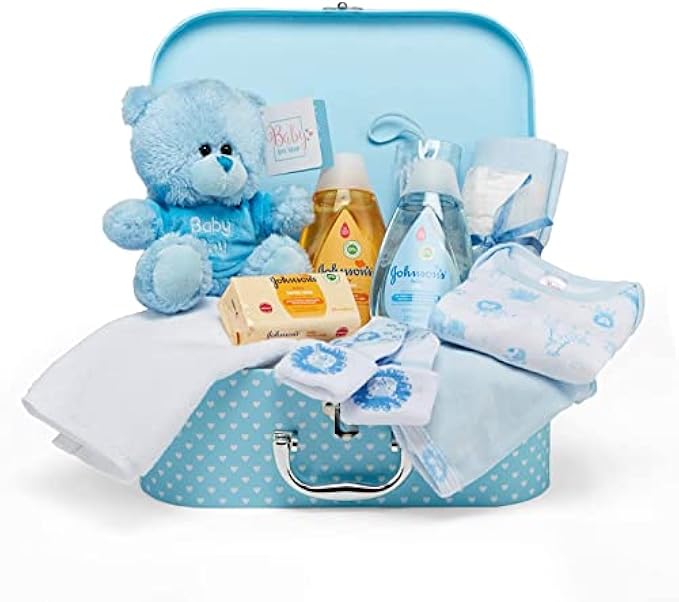Newborn Gift Set for Baby Boy – Blue Keepsake Box with Baby Clothes, Teddy Bear and Newborn Essentials - Welcome Baby Basket for Parents Makes a Unique Shower Gift