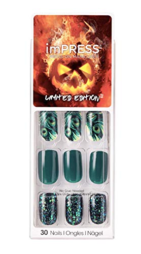 Kiss ImPress Press-On Manicure Medium Length Hunter Green Nails BIPA260X Spin Me (Peacock Design)