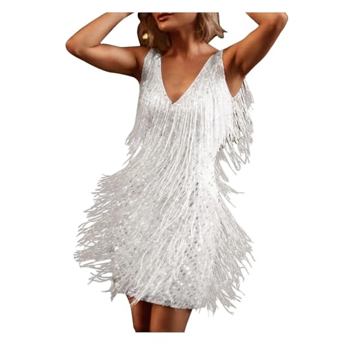 Vestido Flecos Vestido Corto Blanco con Lentejuelas y borlas for Mujer, Sexy, for salón de Baile Latino, Tango, Fiesta Club, Trajes Escenario(XL)