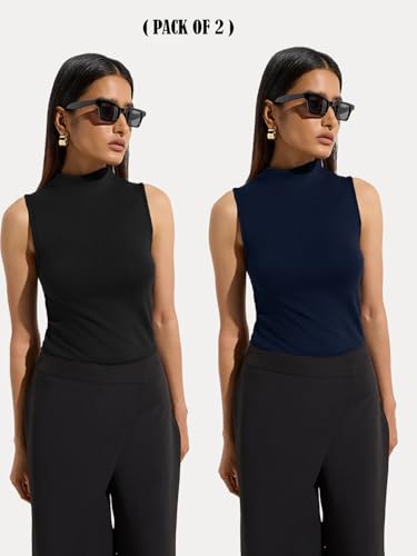 Image of KOTTY Women's Sleeveless High Neck Ribbed Tank Top Combo Pack of 2 Stylish Casual & Office Wear Tops